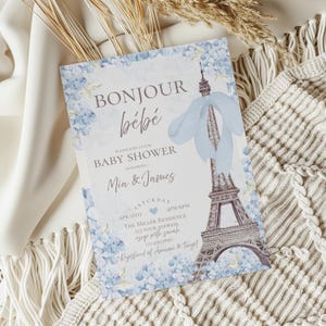 Convite para chá de bebê "Bom dia", convite para chá de bebê com tema francês, convite para chá de bebê com tema de menino, convite com tema de Paris, modelo editável, Canva