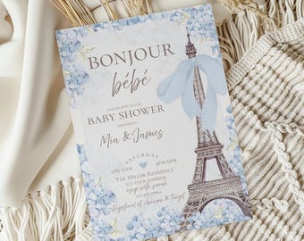Bonjour Bébé Baby Shower Invitation: French Paris Theme (Editable Canva Template)