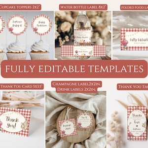 May include: A collection of printable baby shower templates with a red and white gingham pattern. Includes cupcake toppers, water bottle labels, food labels, thank you cards, champagne labels, drink labels, and thank you tags. The text "Fully Editable Templates" is displayed.