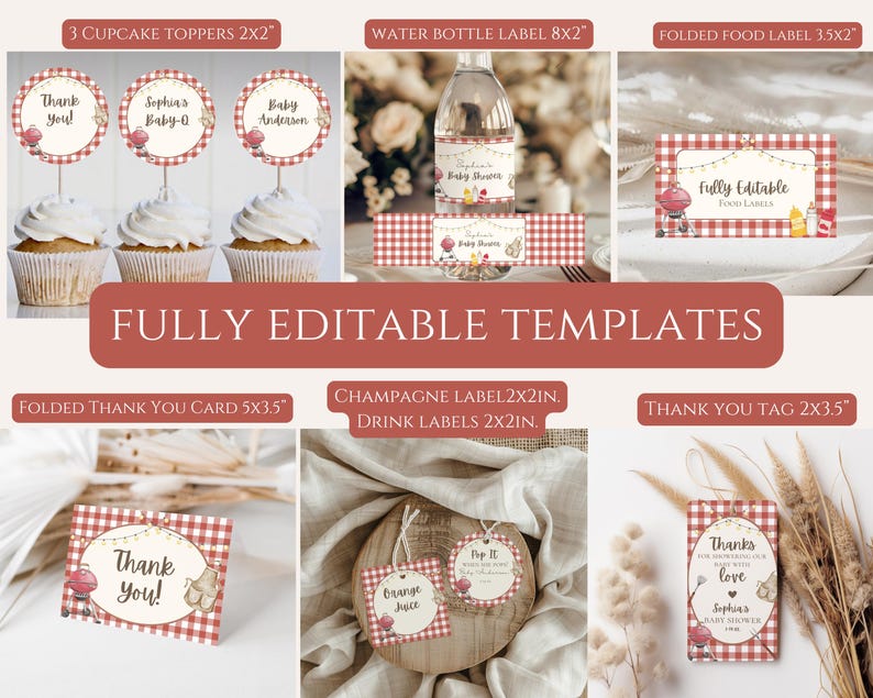 May include: A collection of printable baby shower templates with a red and white gingham pattern. Includes cupcake toppers, water bottle labels, food labels, thank you cards, champagne labels, drink labels, and thank you tags. The text "Fully Editable Templates" is displayed.