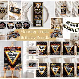 Monster truck birthday party BUNDLE,Trucks birthday party decor,boy monster jam birthday,Monster truck decor,EDITABLE templates,Canva