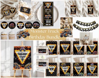 May include: Monster truck birthday party printable bundle with black and yellow color scheme. Includes welcome sign, food labels, drink labels, cupcake toppers, favor tags, and a banner that says "Happy Birthday".