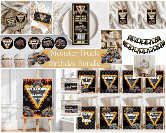 Monster truck birthday party BUNDLE,Trucks birthday party decor,boy monster jam birthday,Monster truck decor,EDITABLE templates,Canva