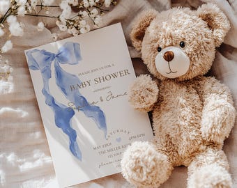 Blue Bow Baby Shower Invitation: Minimalist Coquette Invite (EDITABLE Template)
