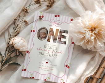 My cherry first birthday party invitation,cherry themed 1st birthday invite,coquette birthday,girl birthday invite,EDITABLE template,canva