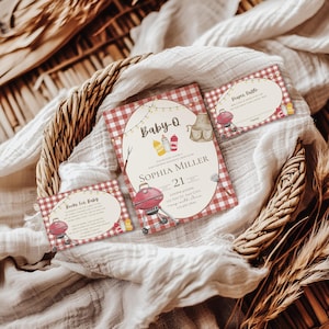 Conjunto de invitaciones para baby shower Baby-Q, invitación para baby shower con temática de barbacoa, invitación de género neutro, plantilla editable, Canva