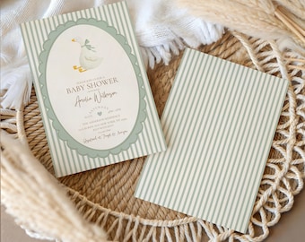 Invito per baby shower "Silly Goose", invito per baby shower neutro, invito per baby shower "Silly Goose" verde salvia, modello MODIFICABILE, Canva