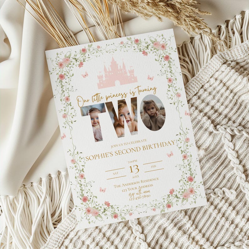 May include: A light-colored invitation card with the text "Our little princess is turning TWO" and "Sophie's Second Birthday". The card features a pink castle illustration, floral and butterfly accents, and a photo of a child. The date is Saturday, February 13.