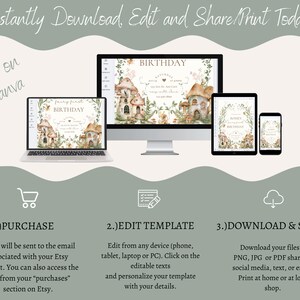 Pu&ograve; includere: Un'illustrazione digitale di un modello di invito di compleanno delle fate con una scena di bosco fantastica che include funghi, fiori e un piccolo cottage. Il modello &egrave; modificabile e pu&ograve; essere personalizzato con dettagli come il nome e l'et&agrave; del bambino. L'immagine mostra uno schermo di computer, un tablet e uno smartphone, tutti che mostrano il modello di invito.