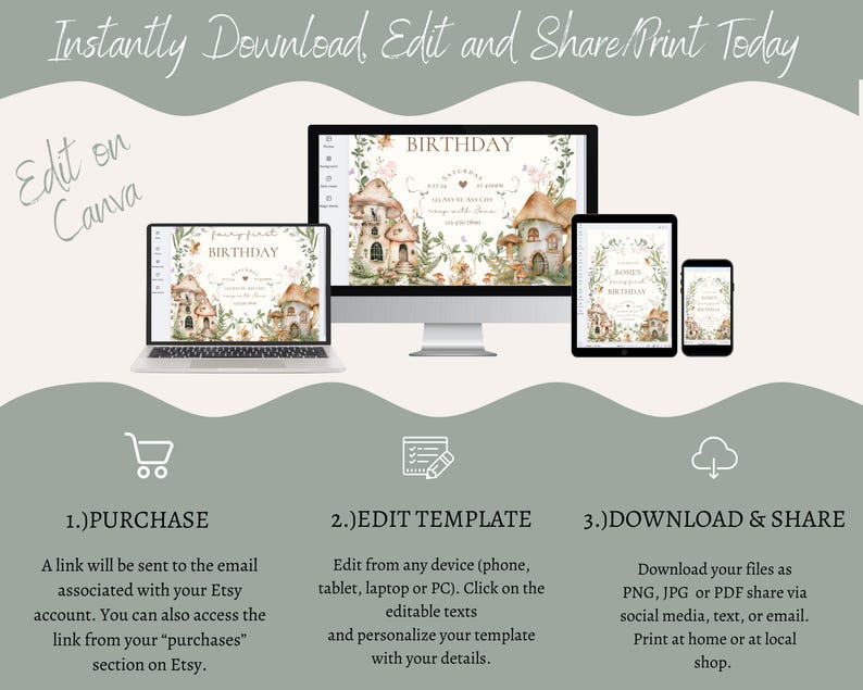 Pu&ograve; includere: Un'illustrazione digitale di un modello di invito di compleanno delle fate con una scena di bosco fantastica che include funghi, fiori e un piccolo cottage. Il modello &egrave; modificabile e pu&ograve; essere personalizzato con dettagli come il nome e l'et&agrave; del bambino. L'immagine mostra uno schermo di computer, un tablet e uno smartphone, tutti che mostrano il modello di invito.