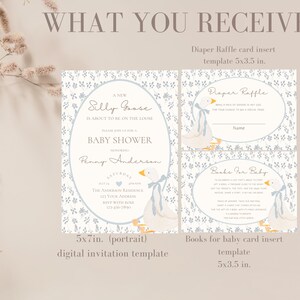 May include: Printable baby shower invitation and game cards featuring a cute cartoon goose with a blue ribbon. The invitation is 5x7 inches and the game cards are 5x3.5 inches. The invitation says "A New Silly Goose is About to Be on the Loose" and the game cards say "Diaper Raffle" and "Books for Baby".
