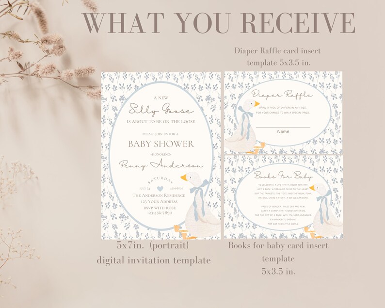 May include: Printable baby shower invitation and game cards featuring a cute cartoon goose with a blue ribbon. The invitation is 5x7 inches and the game cards are 5x3.5 inches. The invitation says "A New Silly Goose is About to Be on the Loose" and the game cards say "Diaper Raffle" and "Books for Baby".