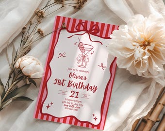 Invitation cocktail rose à une fête d'anniversaire, invitation femmes rayures roses et rouges, invitation mignonne de griffonnage, fête d'amis coquette, MODÈLE MODIFIABLE, toile