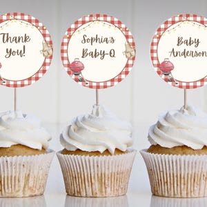 Baby-Q baby shower cupcake toppers,BBQ baby shower decor,barbecue themed baby shower,gender neutral decor,EDITABLE template,Canva