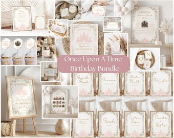 Once upon a time birthday party Bundle,girl first birthday decor,princess birthday party BUNDLE,1st birthday decor,EDITABLE TEMPLATE,Canva