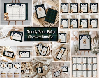 Polo Teddy Baby Shower Bundle,Gender Neutral Classic Plaid,Tartan Equestrian,Lauren Teddy Bear decorations,Editable template,Canva
