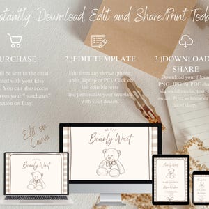 May include: A digital baby shower invitation template with a teddy bear design, displayed on a laptop, desktop, tablet, and phone. The text reads "We Can Bearly Wait." Instructions for purchase, editing, and sharing are also included.