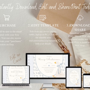 May include: A digital mockup showing how to edit and download a baby shower invitation template. The template features a blue and white watercolor design with a cute cartoon goose. The text on the invitation reads "Baby Shower" and "Penny Anderson".