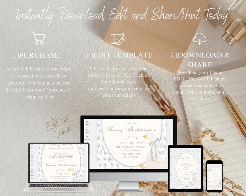 May include: A digital mockup showing how to edit and download a baby shower invitation template. The template features a blue and white watercolor design with a cute cartoon goose. The text on the invitation reads "Baby Shower" and "Penny Anderson".