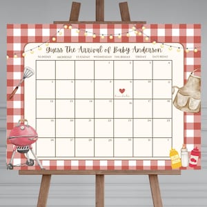 May include: A red and white gingham patterned baby shower game board with a calendar for guests to guess the arrival date of Baby Anderson. The board is decorated with a red grill, a brown apron, and a string of lights.