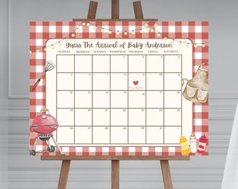 May include: A red and white gingham patterned baby shower game board with a calendar for guests to guess the arrival date of Baby Anderson. The board is decorated with a red grill, a brown apron, and a string of lights.