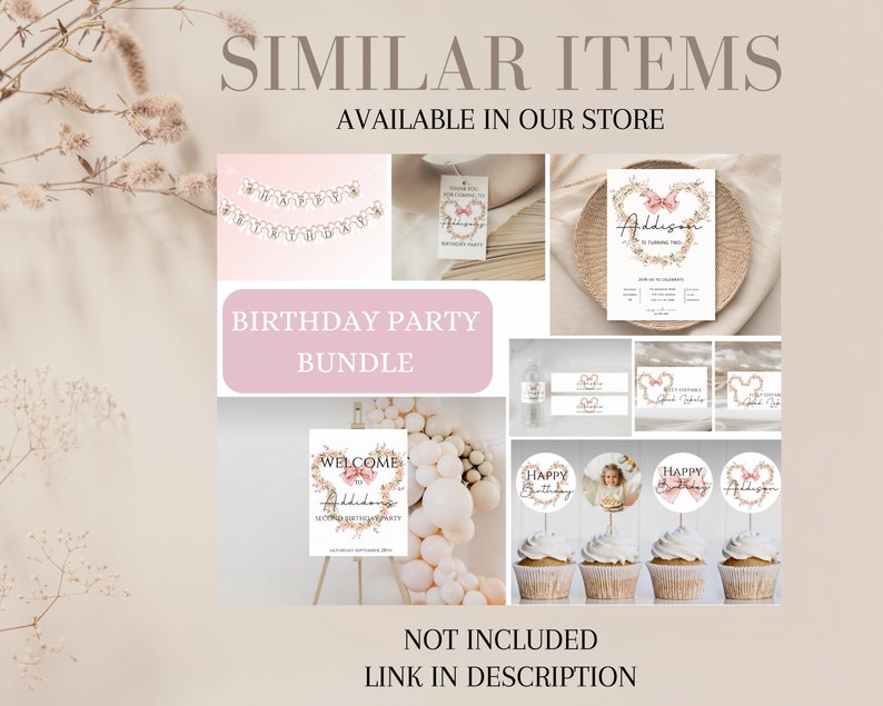 Op de afbeelding: Een roze en witte verjaardagsfeestbundel met een bloemenmotief. De bundel bevat een banner, cupcaketoppers, bedankkaartjes en een welkomstbord. De tekst op het bord zegt "Welkom op Addisons tweede verjaardagsfeest".