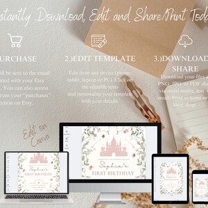 Op de afbeelding: Een digitale printbare uitnodiging voor een eerste verjaardag. De uitnodiging toont een roze kasteel met een bloemenkrans en de tekst "Sophia's First Birthday".