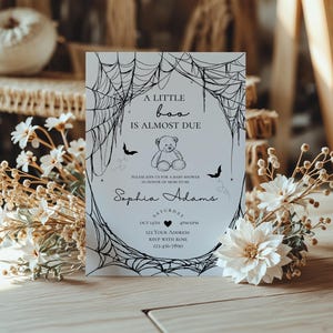A little boo is almost due baby shower invitation,boy Halloween baby shower invite,spooky baby shower blue invite,EDITABLE template,Canva