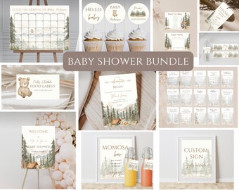 May include: A baby shower bundle featuring various printable items. Includes a calendar, cupcake toppers, food labels, invitation, welcome sign, games, and a custom sign. The designs have a forest theme with a teddy bear and trees.