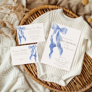 Blauwe strik babyshower uitnodigingssuite, jongensbabyshower uitnodigen, flirt uitnodigen, minimalistische blauw lint babyshower uitnodiging, BEWERKBARE sjabloon