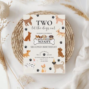 TWEE Let the dogs out verjaardagsuitnodiging, verjaardagsuitnodiging hond, tweede verjaardag puppy, genderneutrale uitnodiging, BEWERKBARE sjabloon