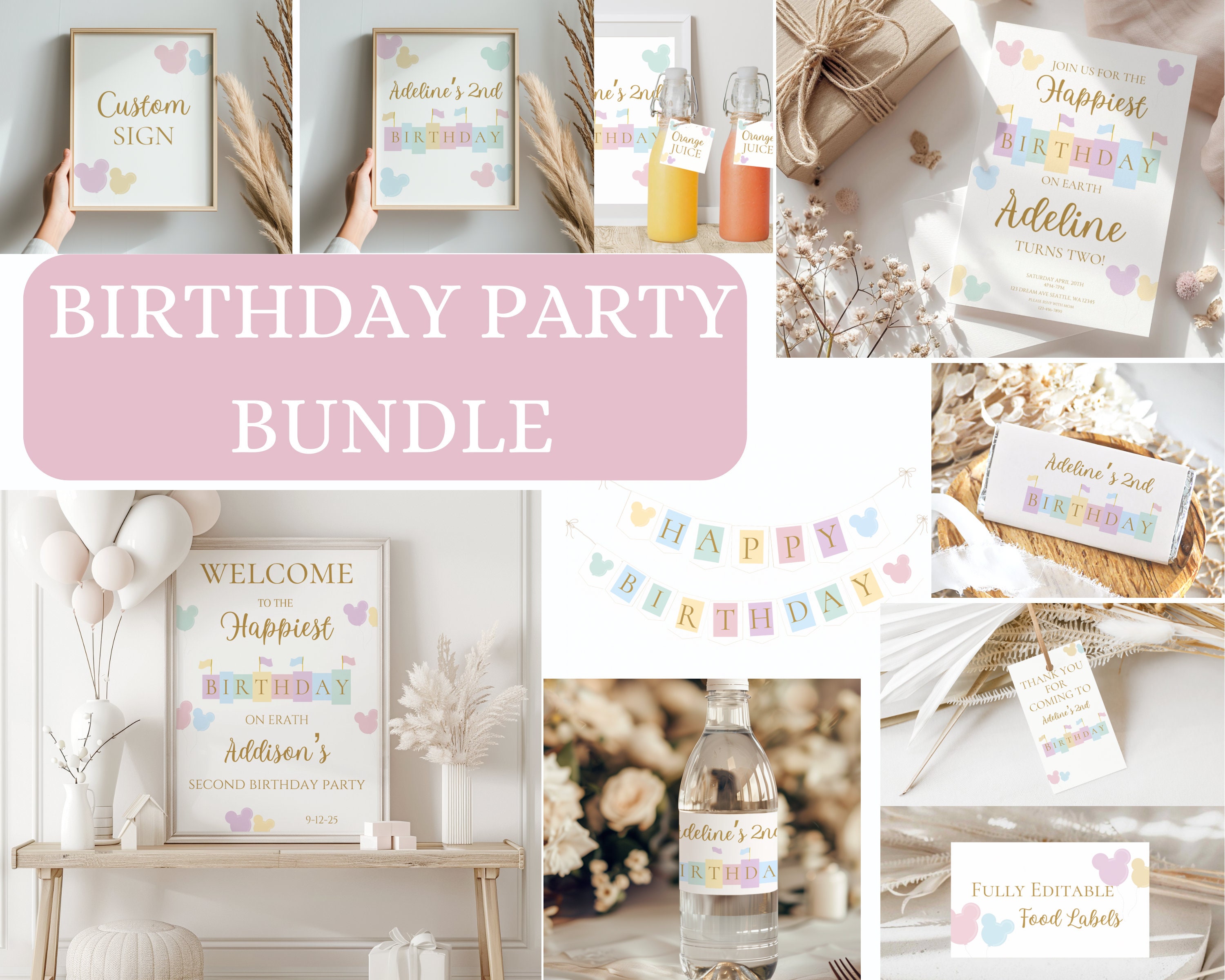 Happiest birthday on earth birthday party bundle,Minnie birthday invite,editable magical birthday bundle,instant download,printable template