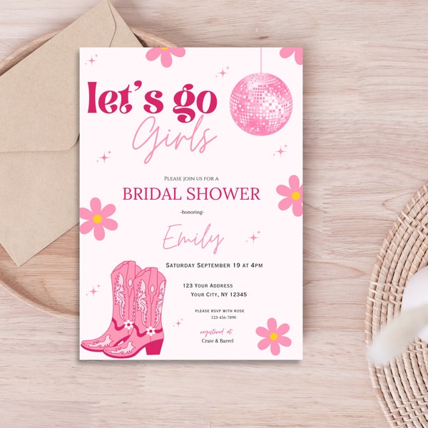 Editable let’s go girls bridal shower invitation,disco bridal shower invite,pink disco cowgirl invitation, bridal shower,instant download