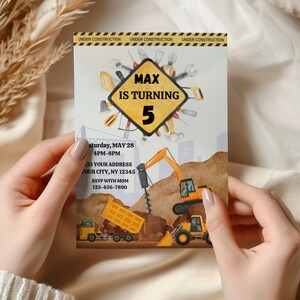 Uitnodiging voor verjaardagsfeestje van de bouw, bewerkbare bouwuitnodiging, bouwvrachtwagenfeestuitnodiging, graafmachinefeest, instant download