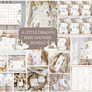 May include: A baby shower bundle featuring a dragon theme. The set includes a welcome sign, a calendar for guessing the arrival date, thank you cards, and various signs for food, drinks, and gifts. The color palette is soft beige and green.