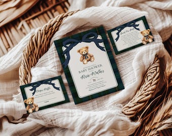Polo Teddy Baby Shower Editable Invitation suite,Gender Neutral Classic Plaid,Tartan Equestrian,Lauren Teddy Bear,Editable template,Canva