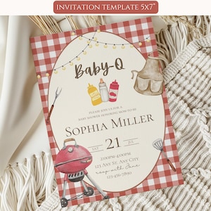 May include: A baby shower invitation template with a red and white checkered background. The invitation features a watercolor illustration of a barbecue grill, condiments, and an apron. Text includes "Baby-Q" and event details.