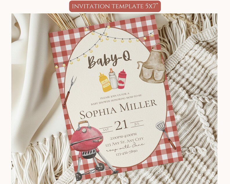 May include: A baby shower invitation template with a red and white checkered background. The invitation features a watercolor illustration of a barbecue grill, condiments, and an apron. Text includes "Baby-Q" and event details.