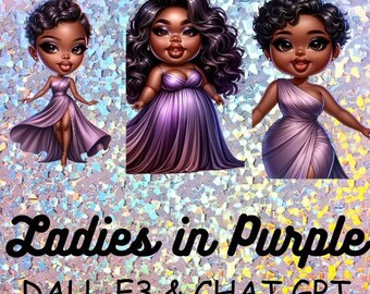 Elegant Chibi African American Women Art: Purple Gowns (Digital Download)