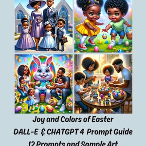 Puede incluir: Un collage de cuatro imágenes que representan a una familia afroamericana celebrando la Pascua. La primera imagen muestra a una familia vestida con sus mejores galas, de pie frente a una iglesia. La segunda imagen muestra a dos niños pequeños, un niño y una niña, buscando huevos de Pascua. La tercera imagen muestra a la familia reunida alrededor de una mesa, decorando huevos de Pascua. La cuarta imagen muestra a la familia con un gran conejo de Pascua.