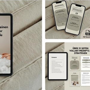 Könnte beinhalten: Ein digitales E-Book mit dem Titel "KI-Prompts für deinen Traumjob: Der Karriere-Code" wird auf einem Tablet angezeigt. Zusätzliche Bilder zeigen den Inhalt des E-Books auf Tablets und Smartphones. Das E-Book enthält Bonus-Checklisten und Prompts.