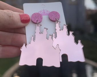 Castle Earrings - Lightweight Acrylic Dangle Drop Earrings (Cinderella Blue, Rose Gold, Light Purple, Gold, Iridescent)