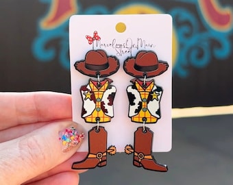 Toy Story Sheriff Woody Earrings - Lightweight Cowboy Acrylic Dangle Drop Costume Statement Jewelry - Hypoallergenic - Fish Extender Gift