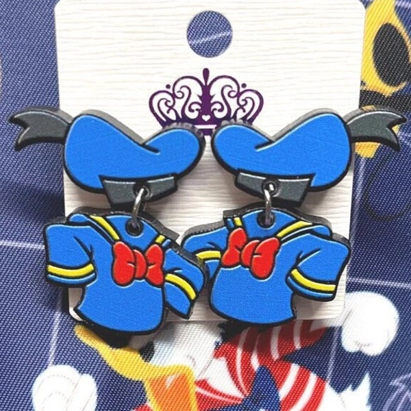 Donald Duck Earrings - Lightweight Sailor Acrylic Dangle Drop Jewelry - Cruise Line - Fish Extender Gift - Hypoallergenic - Blue/Yellow/Red