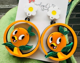 Orange Bird Earrings - Lightweight Acrylic Dangle Drop Costume Jewelry - Fish Extender Gift - Bright Orange and Green - Flower Post