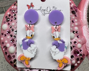 Daisy Duck Earrings - Lightweight Acrylic Dangle Drop Costume Jewelry - Cruise Line - Fish Extender Gift - Stainless Steel - Hypoallergenic