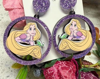 Rapunzel Earrings - Tangled Lightweight Dangle Drop Costume Statement Jewelry - Hypoallergenic Fish Extender Gift - Purple Glitter Posts
