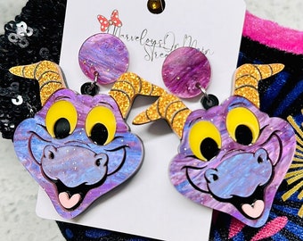 Figment Earrings - Dragon Inspired Lightweight Acrylic Dangle Drop Jewelry - Fish Extender Gift - Purple and Yellow With Purple Marble Posts