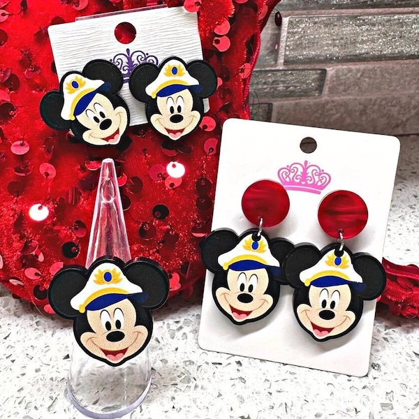 Pendientes y anillo llamativo de Mickey - Joyería ligera de acrílico con forma de Mickey, director de cruceros - Hipoalergénico - Extensor de pez