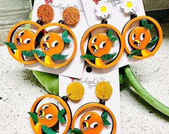 Orange Bird Earrings - Epcot Inspired Lightweight Acrylic Dangle Drop Disney Costume Jewelry - Bright Orange and Green - Gold Sparkle